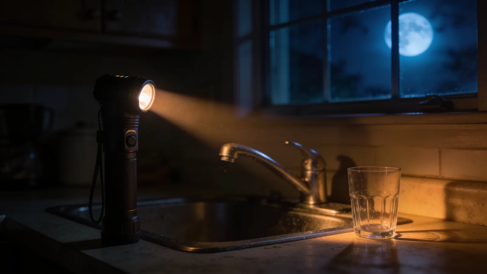 A dark kitchen during a power outage, flashlight beam across a dry faucet
