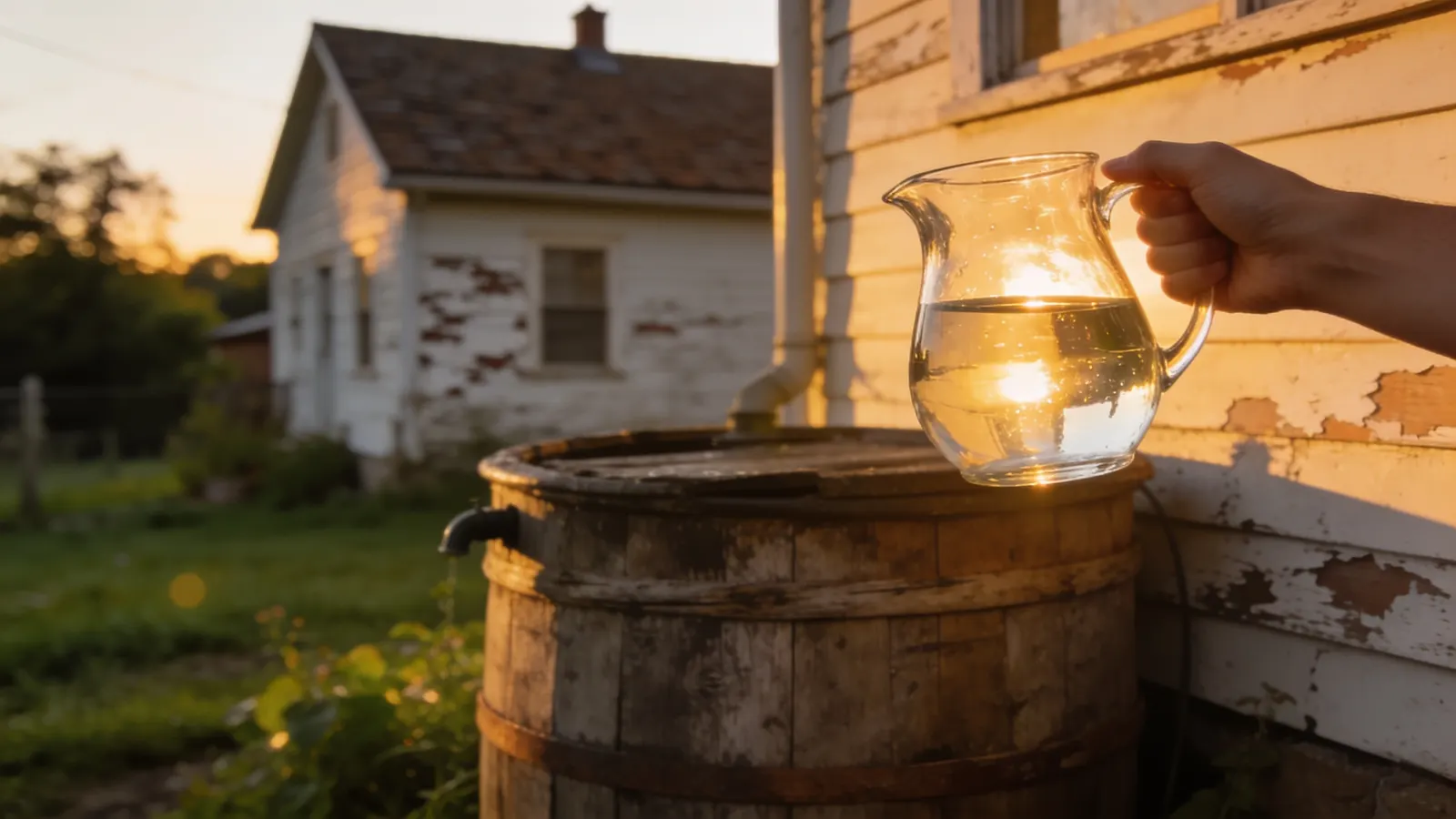 Rain barrel beside a rural home, a pitcher of collected water held up to the light